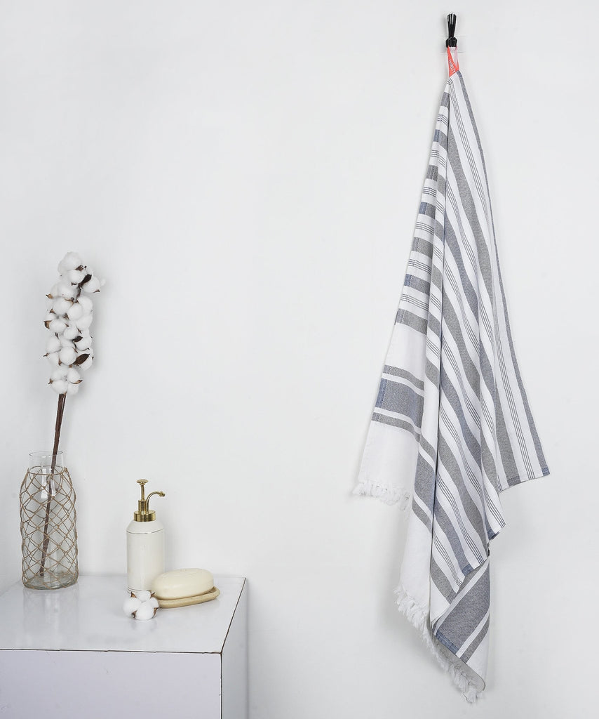 Cambric Multi - stripe Cotton Bath Towel - Denim Blue