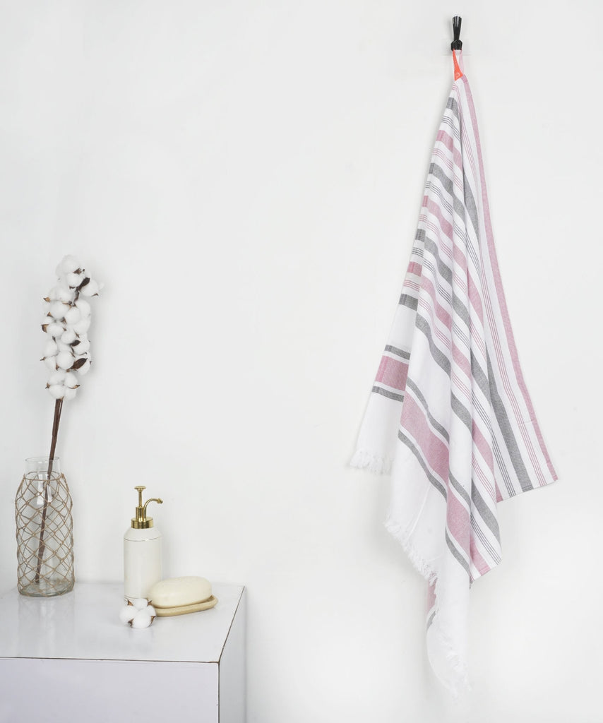 Cambric Multi - stripe Cotton Bath Towel - Merlot Mauve